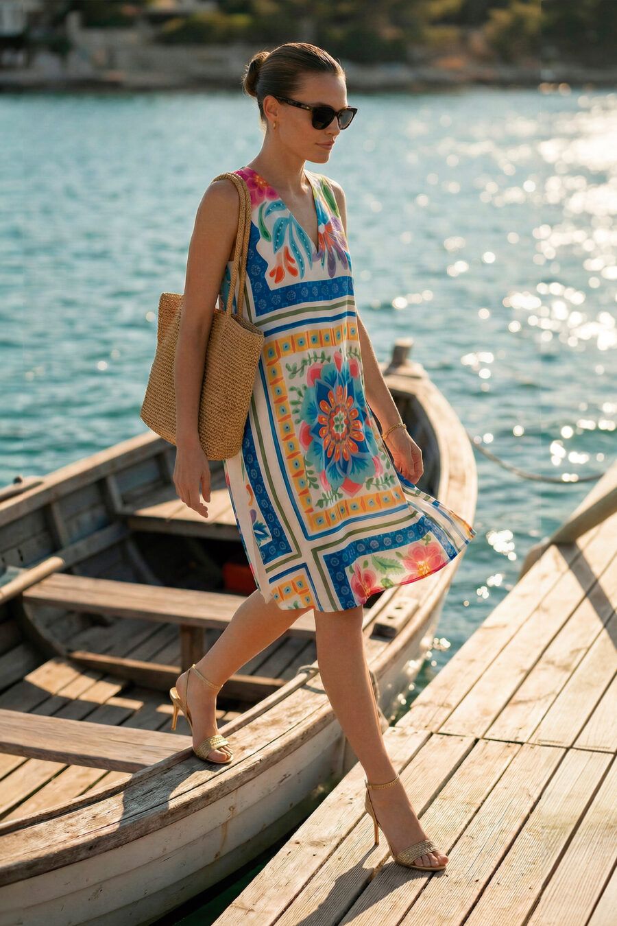 Vestido corto de silueta fluida y sin mangas con un vibrante estampado de paneles florales multicolor. Presenta un favorecedor escote en "V" y una caída ligera que aporta frescura y movimiento, convirtiéndolo en la opción ideal para jornadas estivales y eventos de día.