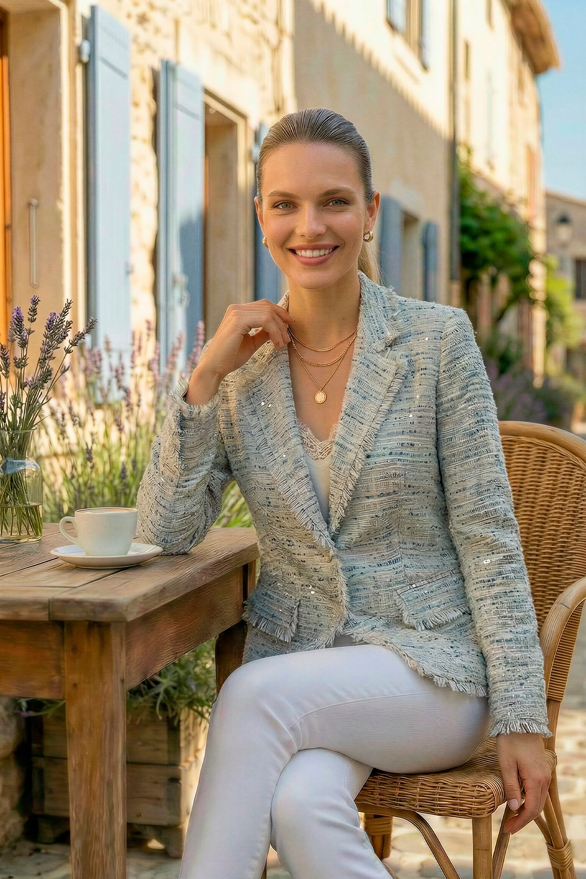 Chaqueta estilo tweed con lentejuelas y acabados deshilachado